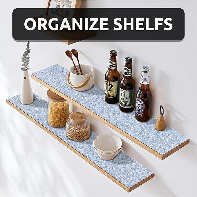 FIFTY FEET 18X288 Inch Shelf Liner with Scissor & Tape Measure for Kitchen Cabinets, PVC Drawer Liner for Dresser Non-Slip Bathroom, Non-Adhesive Cabinet Liner Washable (Pale Blue)