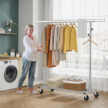 Heavy Duty Clothes Rack Load 530 lbs, Metal Rolling Clothing Rack With Sturdy Wheel And Shelves, Adjustable Portable Hanging Garment Rack For Clothes,Chrome Stainless Steel