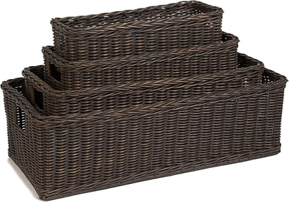 The Basket Lady Long Low Wicker Basket, Extra Large, 28.5 in L x 15 in W x 9 in H, Antique Walnut Brown