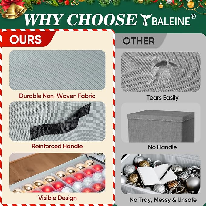 BALEINE Christmas Ornament Storage Box with Dividers, Premium Holiday Ornaments Storage Container Bin for Xmas Decorations (128 Ball, Black, Soft)
