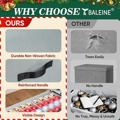 BALEINE Christmas Ornament Storage Box with Dividers, Premium Holiday Ornaments Storage Container Bin for Xmas Decorations (128 Ball, Black, Soft)