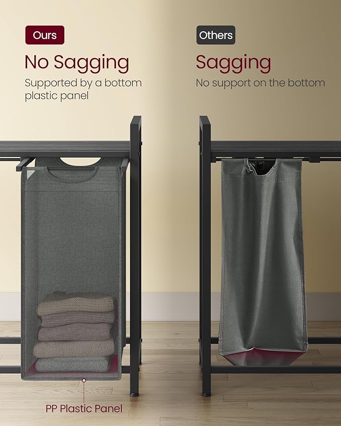 VASAGLE Laundry Hamper, Laundry Basket, Laundry Sorter with 4 Pull-Out and Removable Bags, Shelf, Metal Frame, 4 x 10.6 Gallons (40 L), 45.7 x 13 x 28.4 Inches, Slate Gray and Charcoal Gray UBLH401G01
