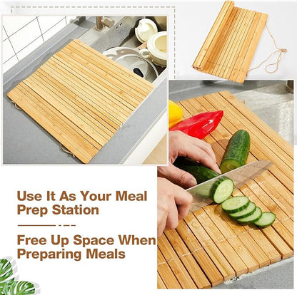 Maxdot Wooden Dish Drying Rack, 17.8 x 16 Inch Roll up Kitchen Over Sink Dish Drying Rack for Dishes, Plates, Bowls, Wooden Cover Counter Space, Crack Resistant Drainer, Kitchen Supplies(Natural)