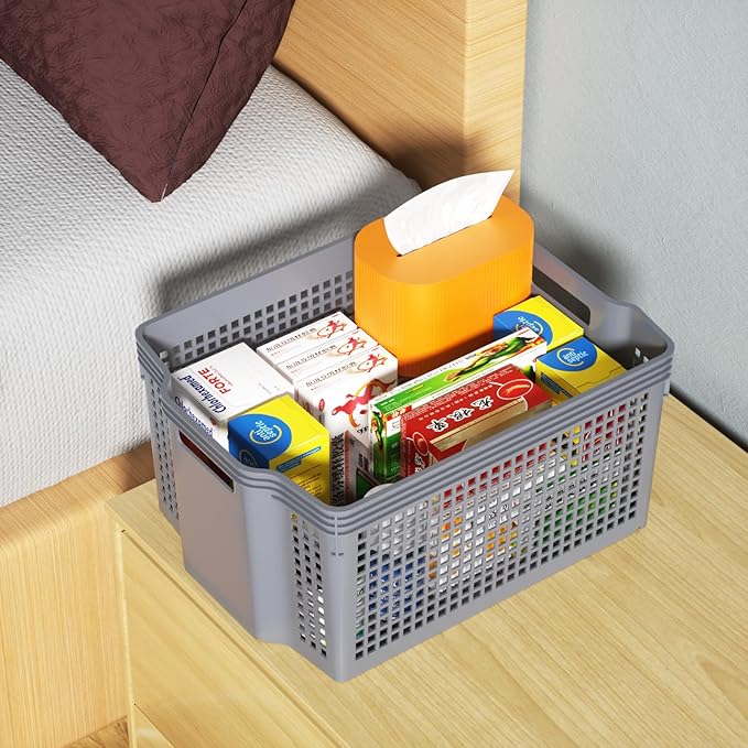 6 Packs Plastic Storage Baskets, Deep Stacking Baskets, Stackable Storage Basket Tray, Gray