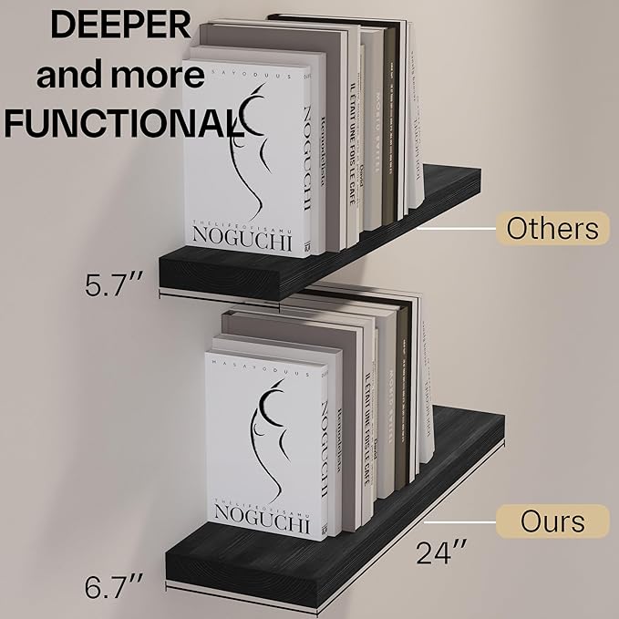 BGMG Wood Floating Shelves for Wall 24 inch,Black Floating Shelves,Solid Wood Wall Mount Shelves for Bathroom Living Room Bedroom Kitchen Farmhouse Set of 2-24x 6.7 x1.25 inch