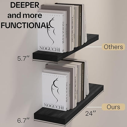 BGMG Wood Floating Shelves for Wall 24 inch,Black Floating Shelves,Solid Wood Wall Mount Shelves for Bathroom Living Room Bedroom Kitchen Farmhouse Set of 2-24x 6.7 x1.25 inch