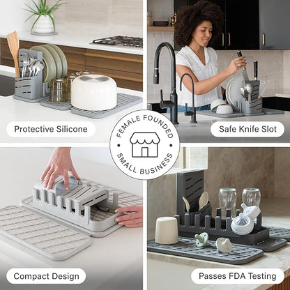Dorai Home Collapsible Dish Drying Rack and Stone Pad – Foldable Drying Rack with Instant-Dry Stone Mat – Space-Saving Collapsible Drainer for Kitchen Counter - 19.9" x 15.2" (Slate)