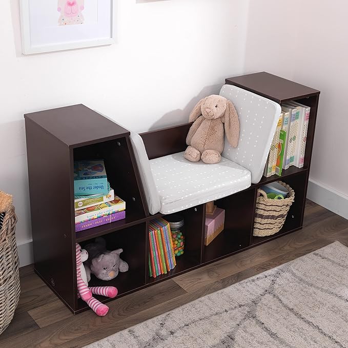KidKraft Wooden Bookcase with Reading Nook, Six Shelves and Gray Cushion - Espresso