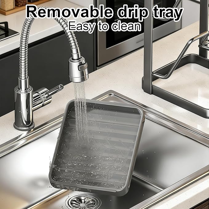 Kitchen Pot Lid Storage Rack, Pot and Pan Organizer with Removable Drip Tray, Two-Compartment Spatula Holder Pot Lid Holder for Counter Stove Top Kitchen