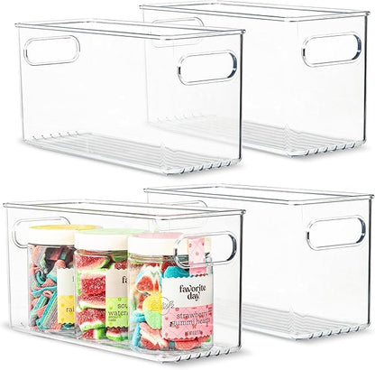 primebox Plastic Food Storage 4 Pack Clear Container Bin with Handles for Organizing Kitchen, Pantry, Refrigerator, Freezer, Pantry, Cabinet, Closet, Bathroom. 10”x4”x5”