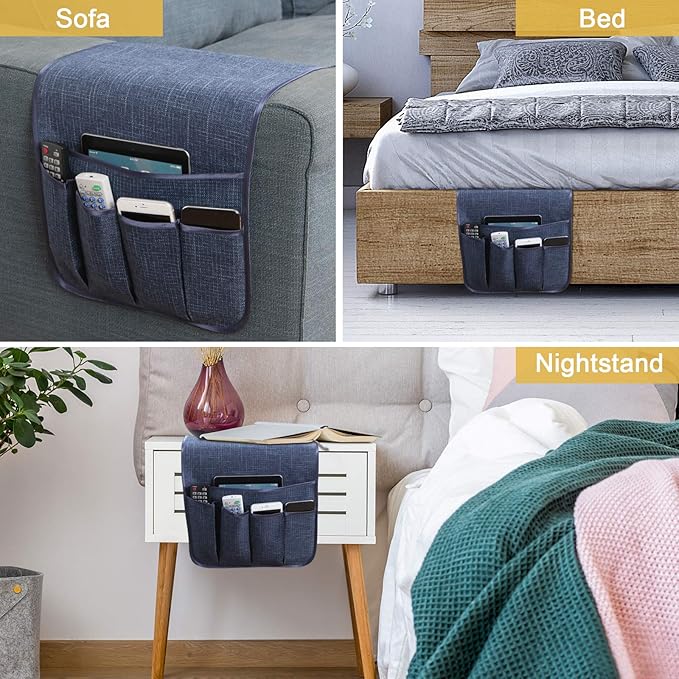 Sixyotie Sofa Armrest Organizer Non-Slip Remote Control Holders for Recliner Couch Chair Armchair Caddy with 5 Pockets for Table,Cell Phone,Ipad,Magazines,Books (13x35In, Navyblue)