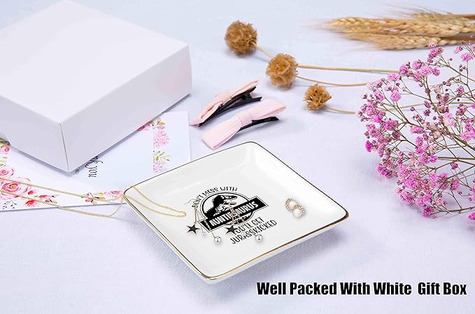 Funny Mother's Day Gifts,Baby Announcement Gifts for Auntie,Birthday Christmas Gifts,Funny Dinosaur Present for Aunt,Don't Mess With Auntiesaurus,Ceramic Jewelry Holder Box,Ring Dish,Trinket Tray