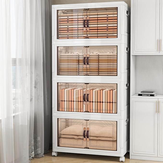 Vavkorkula Storage Bins with Lids and Wheels, 660QT-165QT*4Tier Collapsible Bathroom Storage Cabinet with Clear Doors, Plastic Stackable Closet Organizers and Containers White