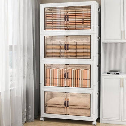 Vavkorkula Storage Bins with Lids and Wheels, 660QT-165QT*4Tier Collapsible Bathroom Storage Cabinet with Clear Doors, Plastic Stackable Closet Organizers and Containers White
