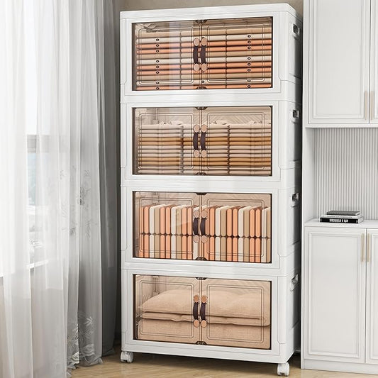 Vavkorkula Storage Bins with Lids and Wheels, 660QT-165QT*4Tier Collapsible Bathroom Storage Cabinet with Clear Doors, Plastic Stackable Closet Organizers and Containers White