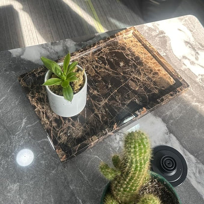 GHYFGD Natural Marble Tray for Bathroom Countertop, Dark Brown Marble Stone Tray for Kitchen Counter (Coffee Net, 12" x 8")