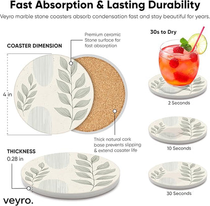 VEYRO Ceramic Coasters Set of 6 – Absorbent Stone Drink Coasters with Holder, Non-Slip Cork Backing, Modern Marble Look Coasters for Coffee Table, Desk & Home Decor