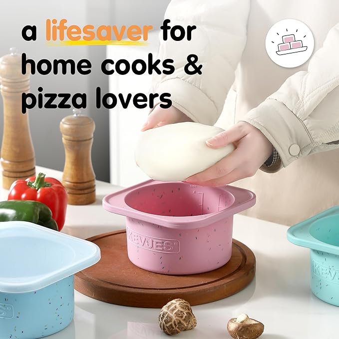 KEVJES PLUS 1000ml Pizza Dough Proofing Containers for DIY family Artisan Pizza, Food Grade Silicone Stackable Boxes with Lids, Freezer, Fridge, Dishwasher Safe-Sprinkles Pattern-3 Pack (Cotton Candy)