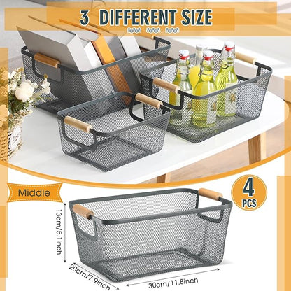 4 Pcs Metal Wire Basket with Wooden Handles Mesh Steel Storage Organizer Bin Containers for Home Organizing Cabinet Pantry Closet Kitchen Fridge Fruit Makeup Snacks Gifts(Medium,Dark Gray)