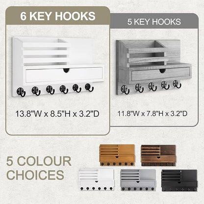 Key Holder Wall Mount, Mail Holder with Storage Drawer and 6 Key Hooks for Coat, Dog Leash, Home Decor Rack, House Accessories, Entry Way Organizer