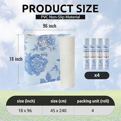FIFTY FEET 18X96 Inch Shelf Liner for Kitchen Cabinets, PVC Drawer Liner for Dresser Non-Slip Bathroom, Non-Adhesive Cabinet Liner Washable (Blue Flower)(4 Roll)