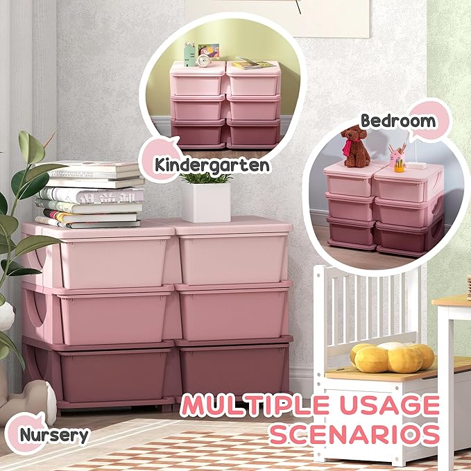 Qaba 3 Tier Kids Storage Unit, Toy Organizers and Storage with 6 Drawer Chest for Kids Bedroom Nursery Kindergarten Living Room for Boys Girls Toddlers, Pink