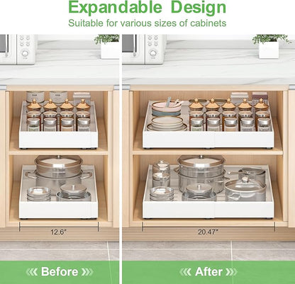 Expandable Pull-Out Cabinet Organizer - White, 21" D x Adjustable Width 12.6-20.47", No Drill Adhesive Installation with 3-Slide Rails for Kitchen Storage (2 Pack)
