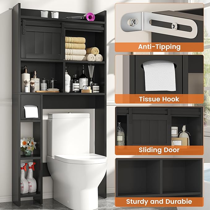 Semoic Over The Toilet Storage Cabinet, Over The Toilet Shelf with Sliding Door & Toilet Paper Holder Stand, Bathroom Above Toilet Storage, Home Space-Saving Toilet Rack for Bathroom, Restroom, Black