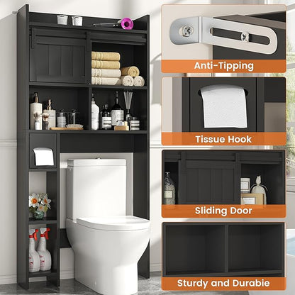 Semoic Over The Toilet Storage Cabinet, Over The Toilet Shelf with Sliding Door & Toilet Paper Holder Stand, Bathroom Above Toilet Storage, Home Space-Saving Toilet Rack for Bathroom, Restroom, Black