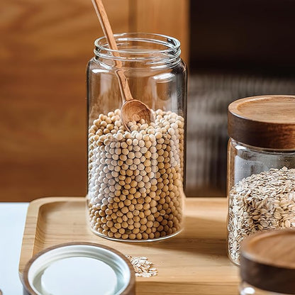 28 fl oz/850 ml Clear Glass Storage Canister with Airtight Wooden Screw Lid, Medium Cute Decorative Glass Container Jar for Coffee,Candy,Salt,Cookie,Condiment,Pepper,Sugar,Overnight Oatmeal