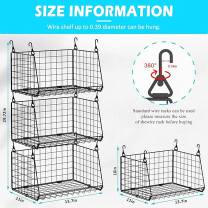 3-Pack Hanging Laundry Room Organizaton：Foldable Laundry Basket Wire Basket with 360°Rotating Hooks Small Space Organization Over Washer and Dryer Shelves - Hanging Closet Organizer, Black Patent