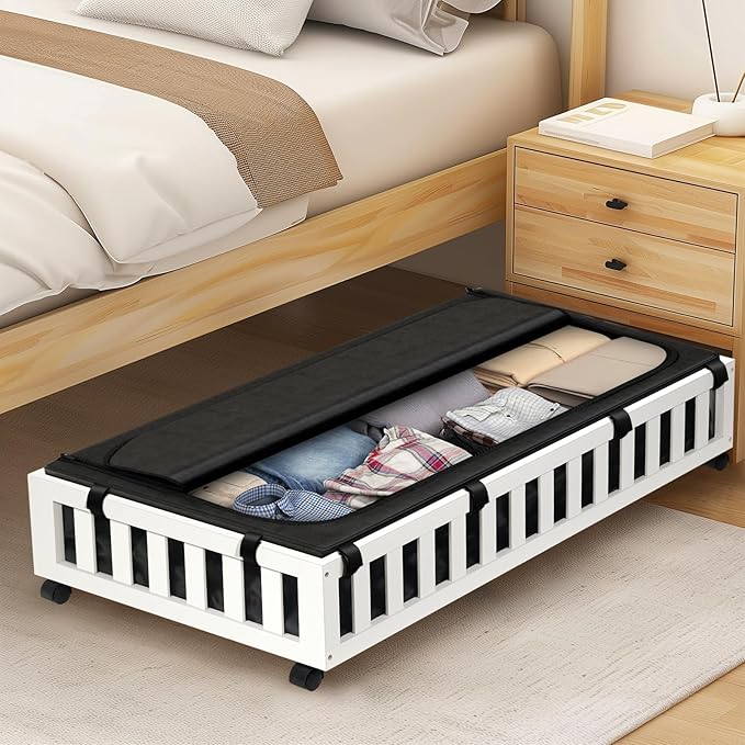 Gashell 2 Pack Bamboo Under Bed Storage with Wheels, 39”x20”x7.8” Lager Under Bed Storage Containers (White)