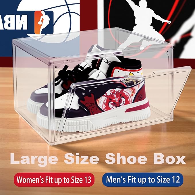 3BBYJL 12 Pack Acrylic Sneakr Shoe Display Case, Size 12.5 Shoe Storage Boxes Clear Stackable Purse Handbag Organizer Under Bed Storage Bins with Magnetic Lids