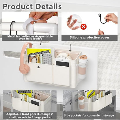Edudif Bedside Caddy Bedside Organizer with Fixed Straps & Water Bottle Holder, Bunk Bed Caddy ideal for Home, Dorm, Hospital, Crib, Versatile Bedside Storage Solution (White 2pcs)