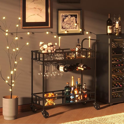 TrailBlaze 2-Tier Black+Mirror Rolling Bar Cart – Mirrored Shelves, Wine Bottle & Glass Racks – Beverage Service Trolley with Wheels for Home, Kitchen, Dining, Living Room