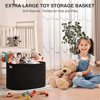 Large Black Blanket Basket, Storage Baskets for Blankets, Woven Baskets for Storage, Woven Cotton Rope Basket for Toys, Clothes, Shoes, Books, Black, 25”x16”x16” (105L)