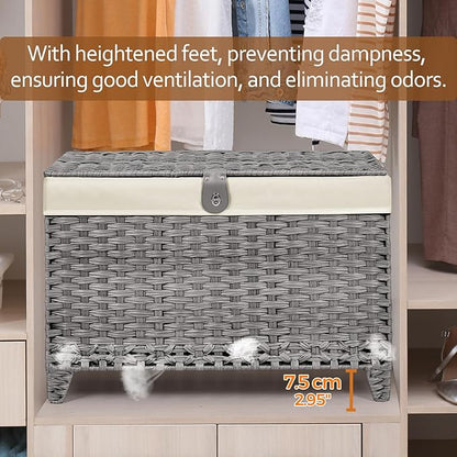 Wicker Storage Basket with Lid,Rattan Shelf Basket with Removable Liner Bag,160L Storage Bin,Storage Trunk with Heightened Feet,Storage Container for Wardrobe,Home Organizer