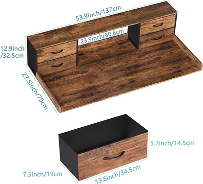 Washer and Dryer Countertop, 27.5" D x 53.9" W x 12.9" H Solid Wood Washer Dryer Countertop with Organizer Shelves with Four Drawers for Laundry Room Organization (Rustic Brown)