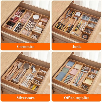 1 Pcs Bamboo Desk Drawer Organizer 2 Inch Height Expandable Drawer Organizer Trays with 7 Adjustable Compartments Desk Accessories for Makeup Silverware Office Bathroom(Wood)