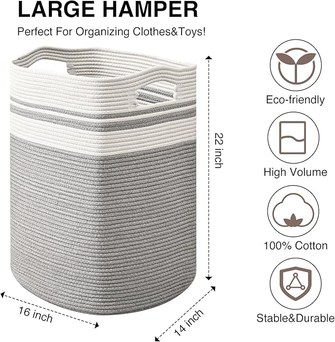 78L Laundry Hamper, Woven Rope Tall Laundry Basket with Handles, Decorative Blanket Basket for Bedroom, Bathroom, Collapsible Baskets for Toys, Clothes, 16”x14”x22”, White & Grey