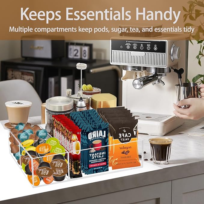 Coffee Station Organizer for Countertop, Removable Dividers Coffee Bar Accessories for Storage Sugar Packets Tea Bags, Clear