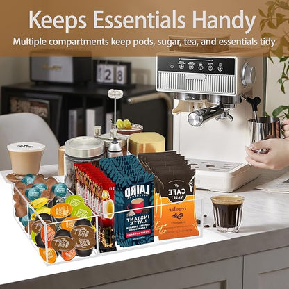 Coffee Station Organizer for Countertop, Removable Dividers Coffee Bar Accessories for Storage Sugar Packets Tea Bags, Clear