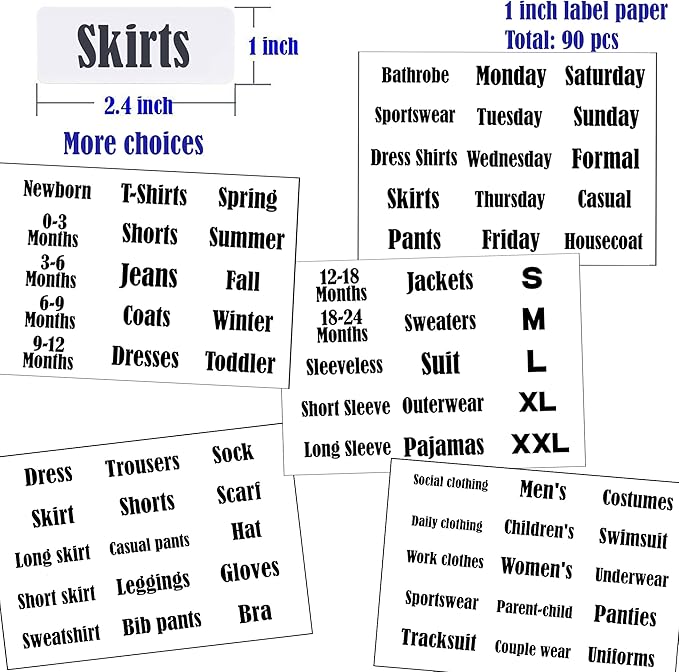 32 Pack White Clothing Rack Size Dividers Plus 75 Labels (1 Inch) and 30 Large Blank Labels, Large Rectangular Clothing Closet Dividers (Purple)