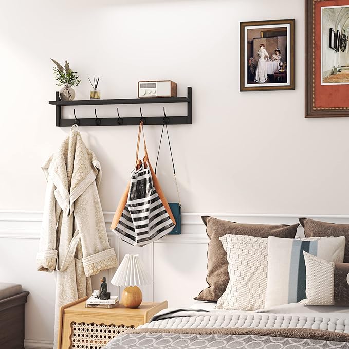 AMBIRD Wall Hooks with Shelf Entryway Hanging Wood Coat Hooks with Shelf Wall-Mounted Coat Hook Rack with 5 Dual Hooks for Bathroom, Living Room, Bedroom (Stylish)