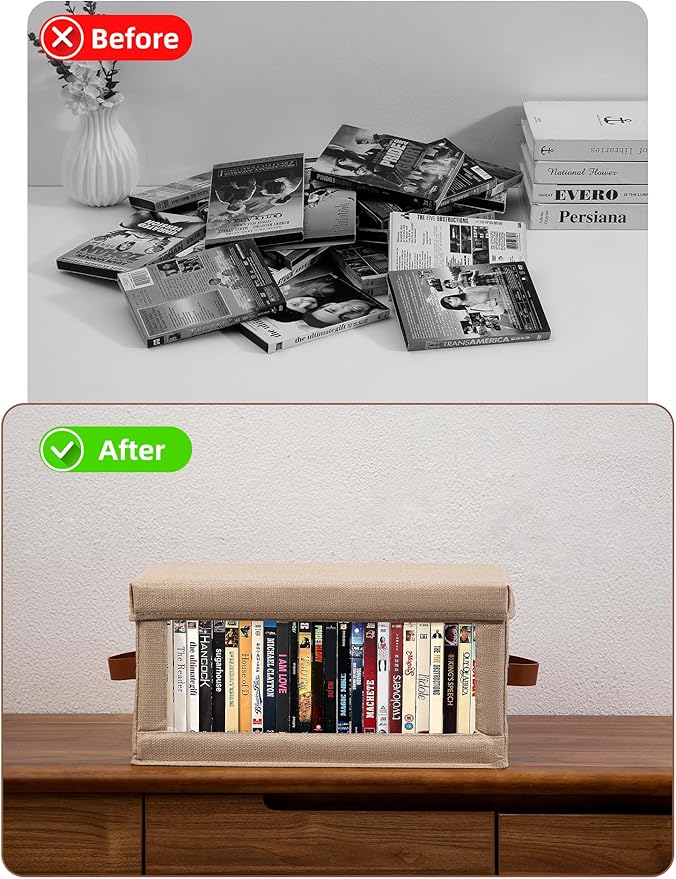 4 Pack DVD Storage Box with Visible Window, Dustproof CD/DVD Case Holder Organizer Rack Can Hold Up to 104 DVD, Blu-ray & CD Storage, Stackable and Lid Design-Beige