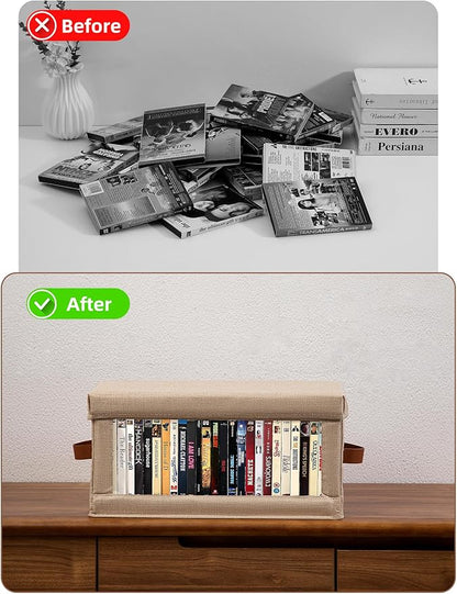 4 Pack DVD Storage Box with Visible Window, Dustproof CD/DVD Case Holder Organizer Rack Can Hold Up to 104 DVD, Blu-ray & CD Storage, Stackable and Lid Design-Beige