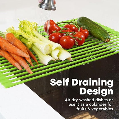 Zulay Kitchen Large Roll Up Dish Drying Rack - Heavy Duty Silicone Wrapped Steel Rods Over Sink Dish Drying Rack - Versatile Roll Up Sink Drying Rack & Trivet - Green,20.5 inches x 13 inches