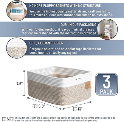 NaturalCozy Storage Baskets 16.8”x13”x7.6” Cotton Rope Woven Baskets for Organizing 3-Pack | Toy Storage Bins | Basket for Shelves, Laundry, Blanket, Clothes, Closet, Kitchen, Bathroom, Gifts