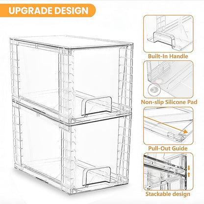 4 Pack Large Stackable Storage Drawers, Acrylic Bathroom Undersink Closet organizers and storage, Clear Plastic Bins for Pantry, Kitchen Cabinets, Makeup, Perfume, Baby Bottles, Medicine Organization