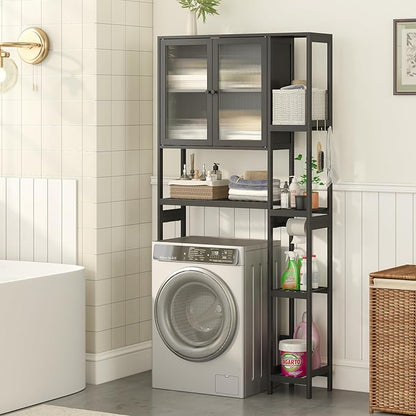 Wisuce Essentials Over The Toilet Storage Cabinet Above Toilet Bathroom Organizer with Toilet Paper Holder Stand Bath Organizer with Adjustable Shelves & Acrylic Doors,Anti-Tip Device (Black)